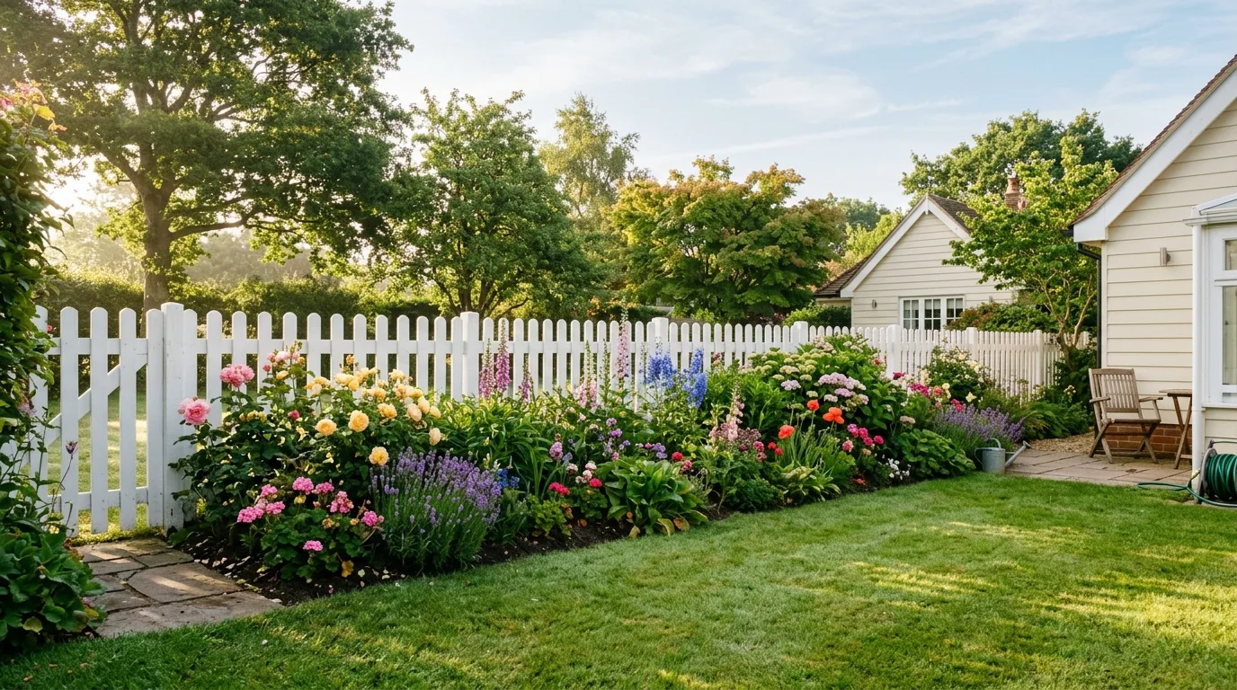 White Picket Fence With Flower Beds